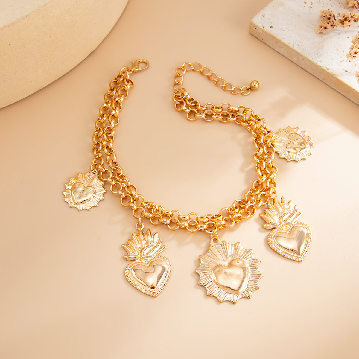Goldtone Crown Heart Charm Layered Anklet, gold anklet bracelet, everyday style, side view