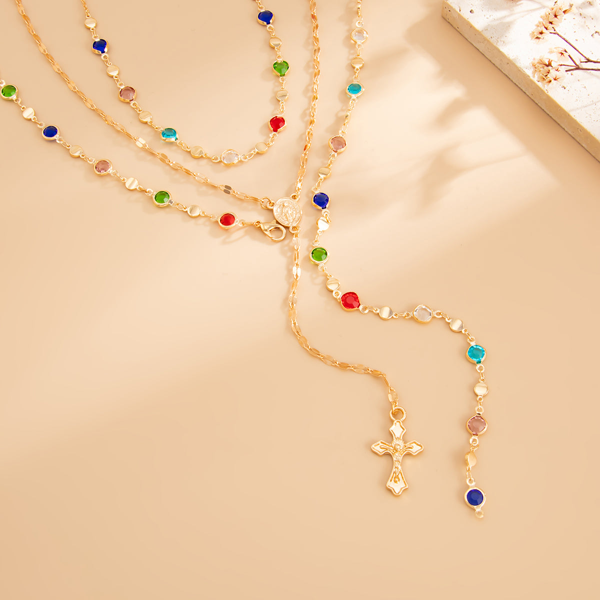 Multi-Colored Crystal and Goldtone Marry Cross Drop Necklace Set, gold pendant necklace for women, everyday style, side view