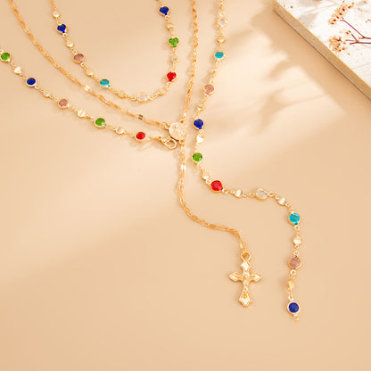Multi-Colored Crystal and Goldtone Marry Cross Drop Necklace Set, gold pendant necklace for women, everyday style, side view