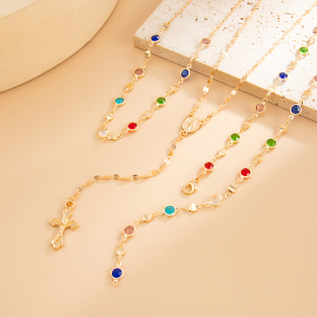 Multi-Colored Crystal and Goldtone Marry Cross Drop Necklace Set, gold pendant necklace for women, detail close-up