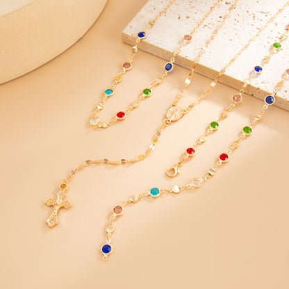Multi-Colored Crystal and Goldtone Marry Cross Drop Necklace Set, gold pendant necklace for women, detail close-up