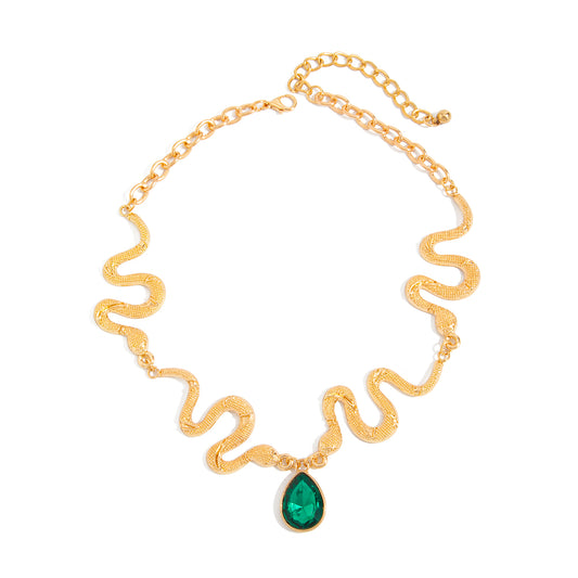 Crystal and Goldtone Textured Snake Drop Choker, vintage-inspired design, front view