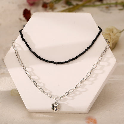 Black Howlite and Silver-Plated Heart Pendant Necklace Set, silver pendant necklace for women, detail close-up