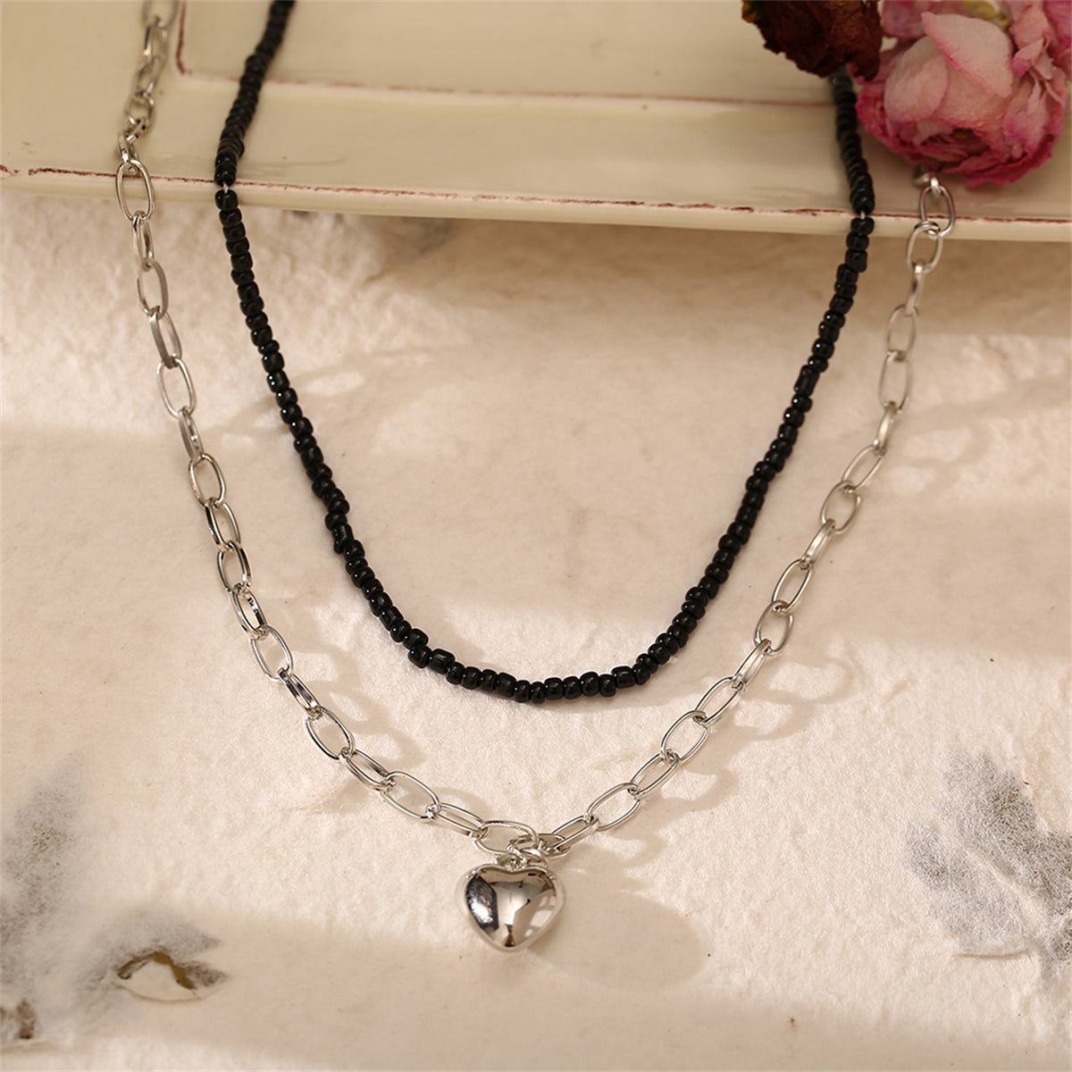 Black Howlite and Silver-Plated Heart Pendant Necklace Set, silver pendant necklace for women, lifestyle look