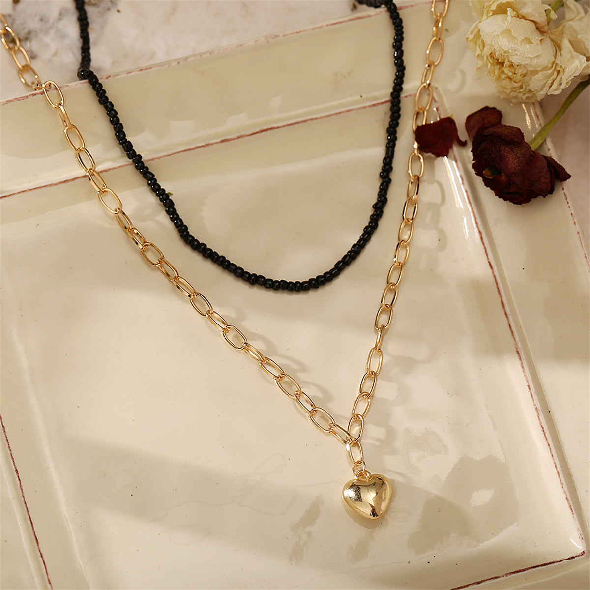 Black Howlite & 18K Gold-Plated Heart Pendant Necklace Set