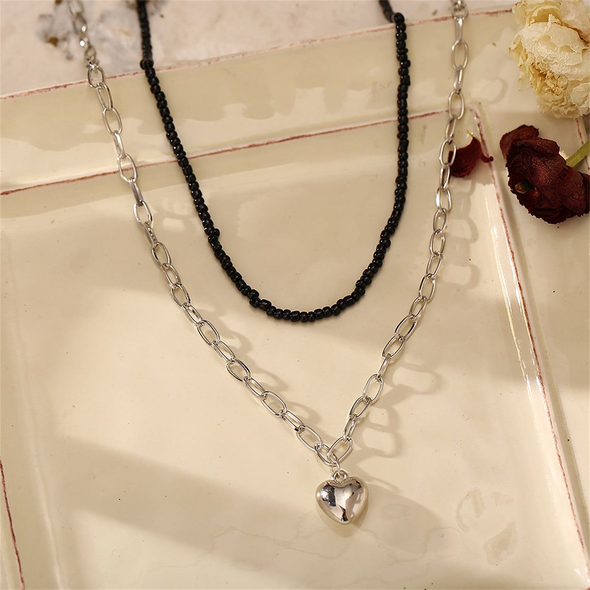 Black Howlite & Silver-Plated Heart Pendant Necklace Set