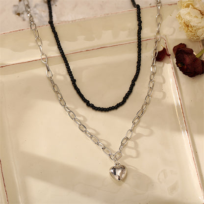 Black Howlite and Silver-Plated Heart Pendant Necklace Set, silver pendant necklace for women, styled look