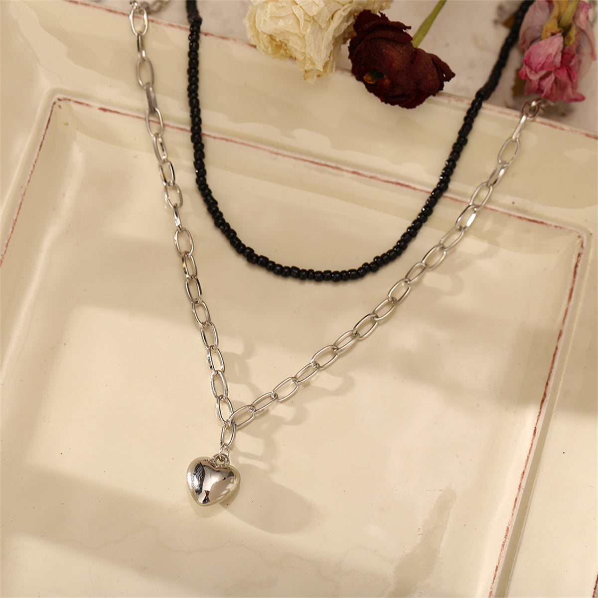 Black Howlite & Silver-Plated Heart Pendant Necklace Set