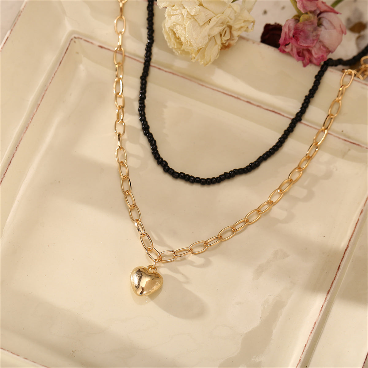 Black Howlite & 18K Gold-Plated Heart Pendant Necklace Set