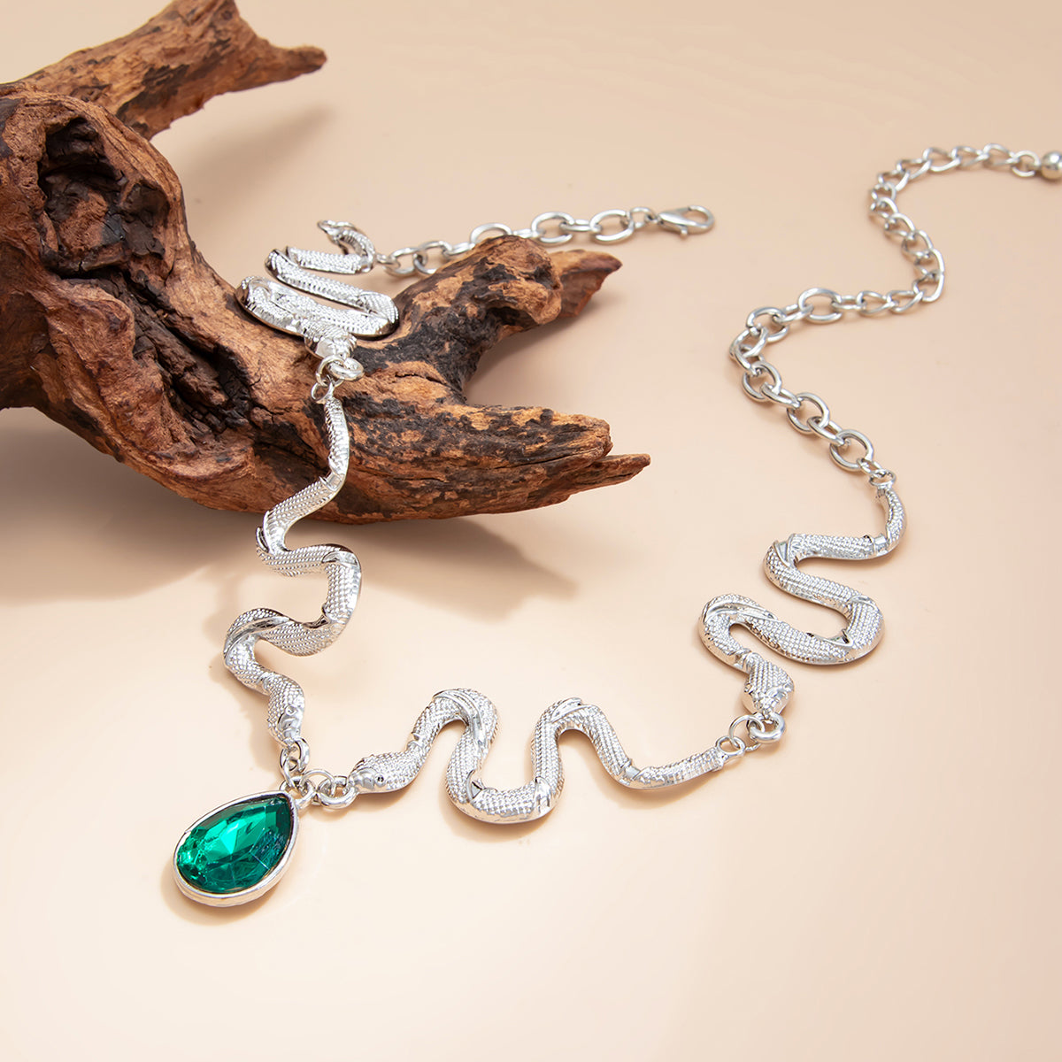 Crystal and Silvertone Textured Snake Drop Choker, dainty minimalist design, side view