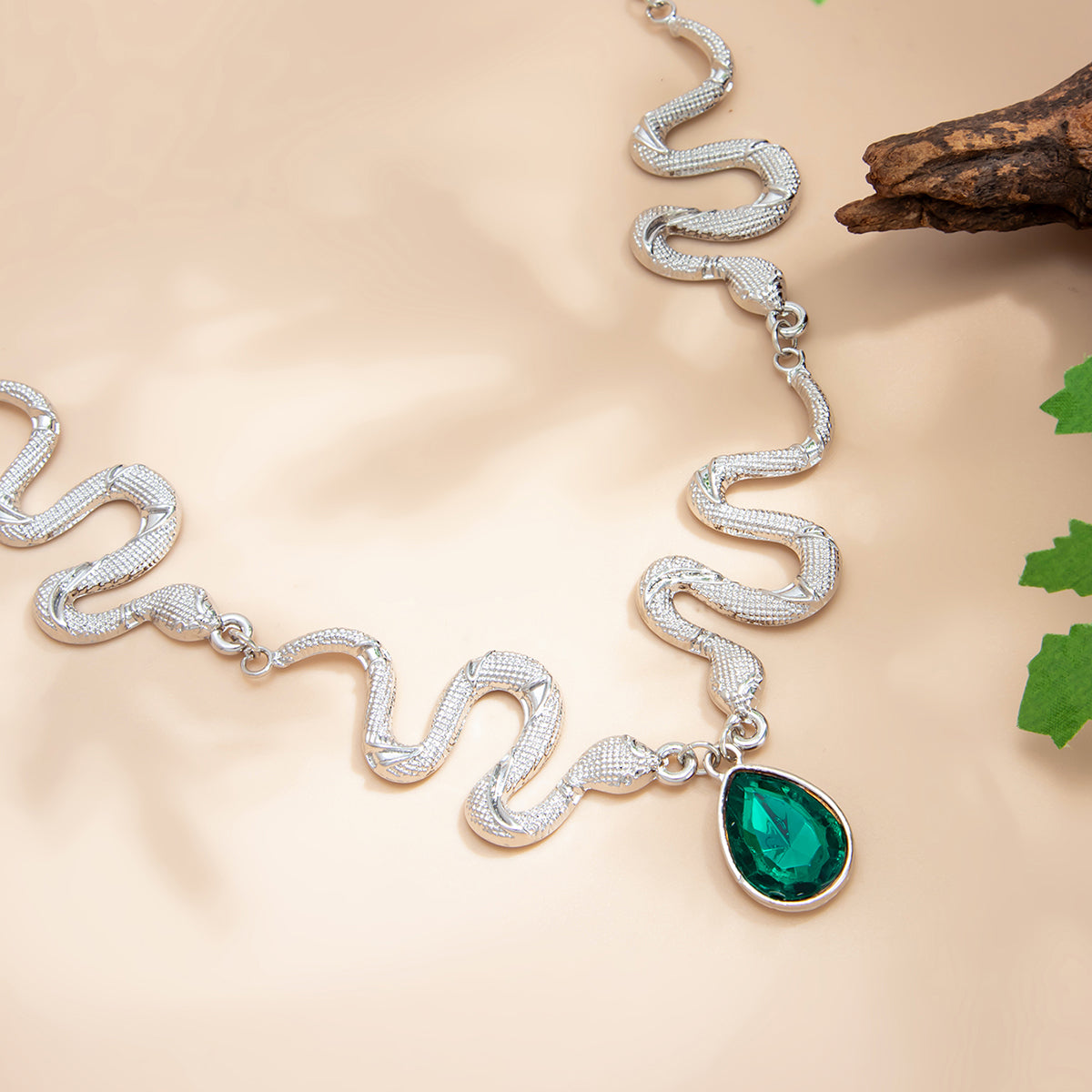 Crystal and Silvertone Textured Snake Drop Choker, dainty minimalist design, detail close-up