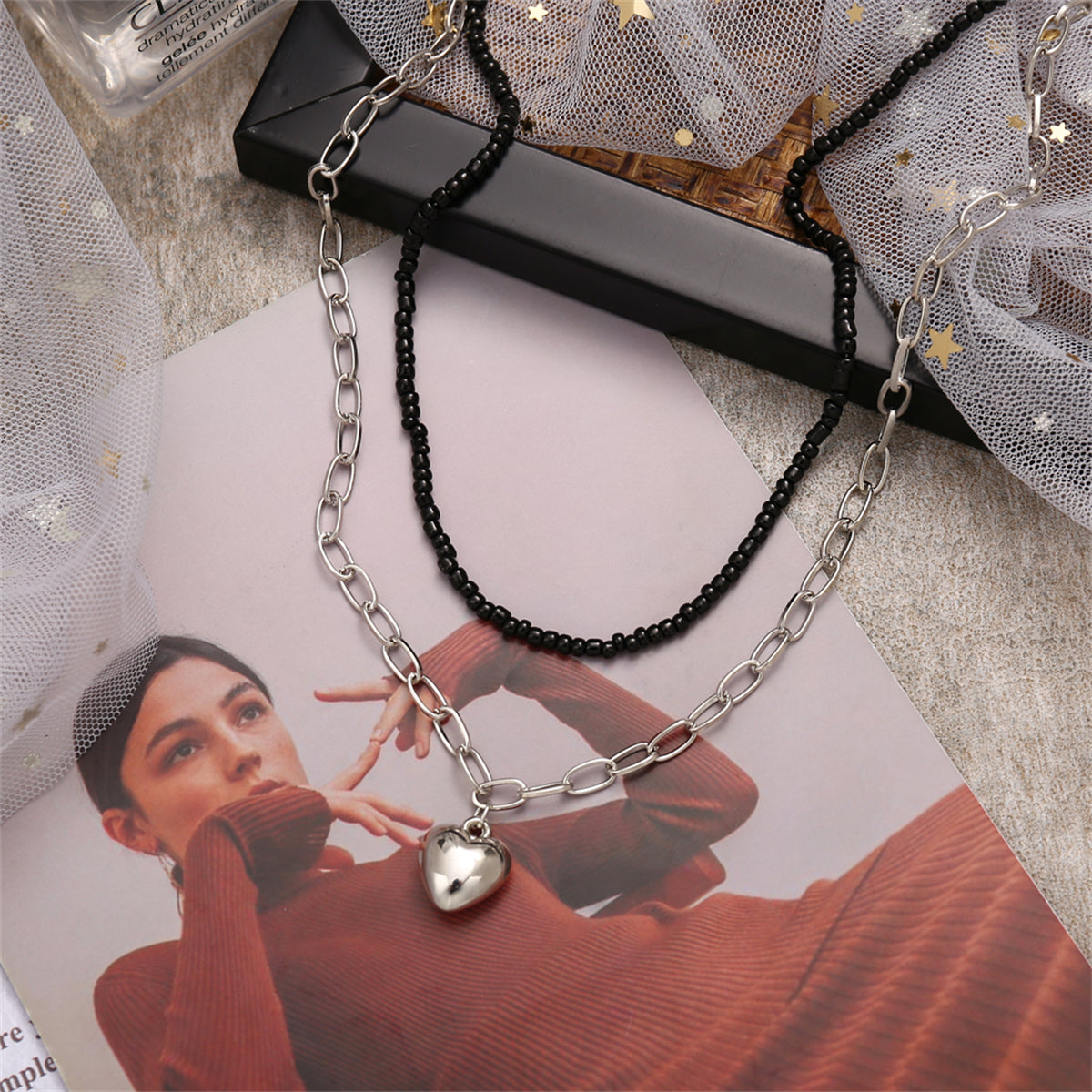 Black Howlite & Silver-Plated Heart Pendant Necklace Set