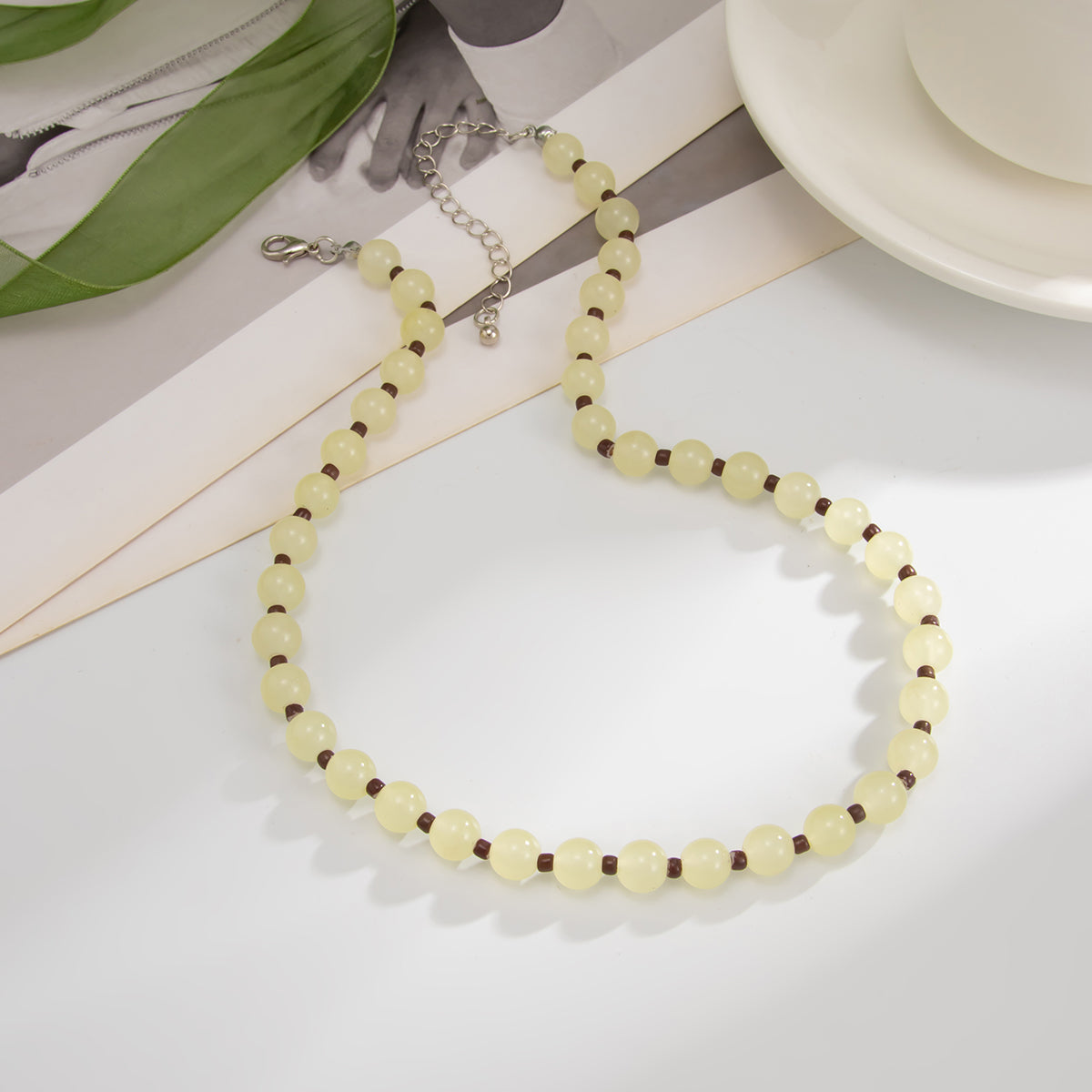 Light Yellow Jade and Silvertone Beaded Chain Collar Necklace, elegant gift for her, side view
