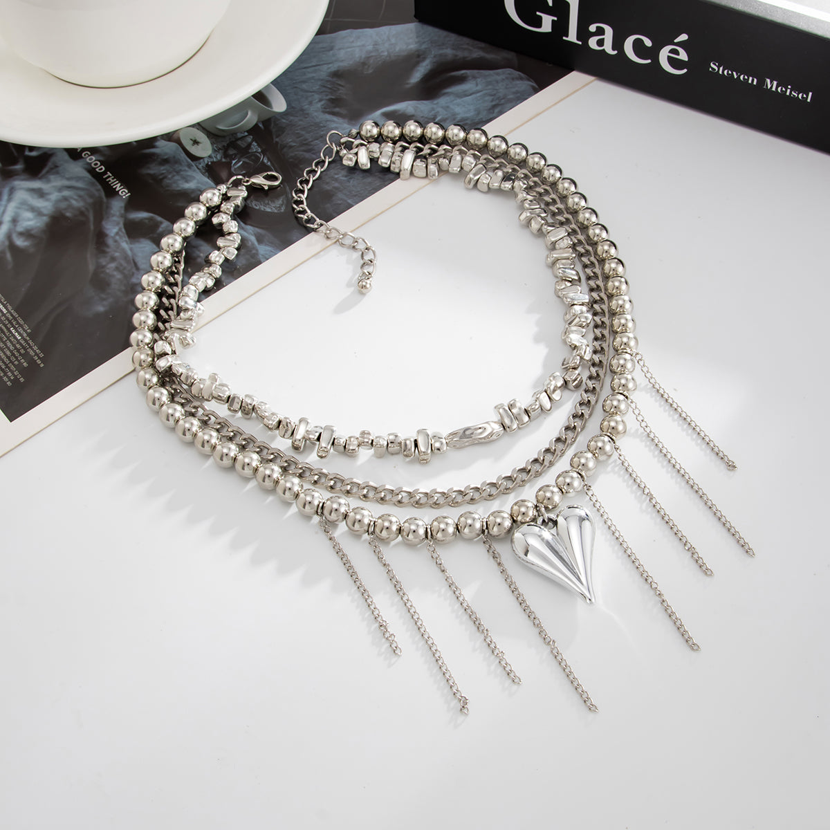 Silvertone Beaded Chain Heart Pendant Tassel Layered Necklace, everyday style, side view
