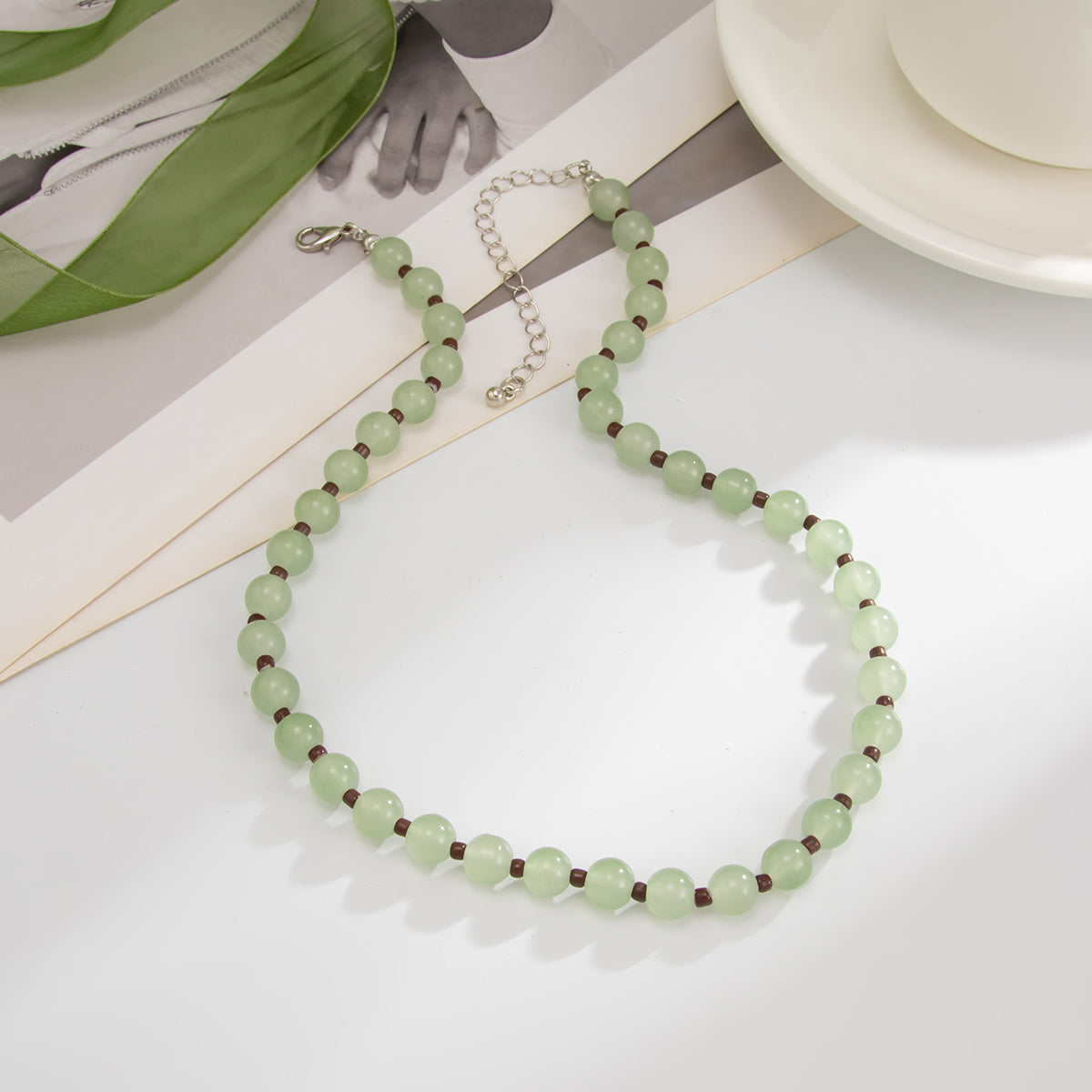 Green Jade and Silvertone Beaded Chain Collar Necklace, vintage-inspired design, side view