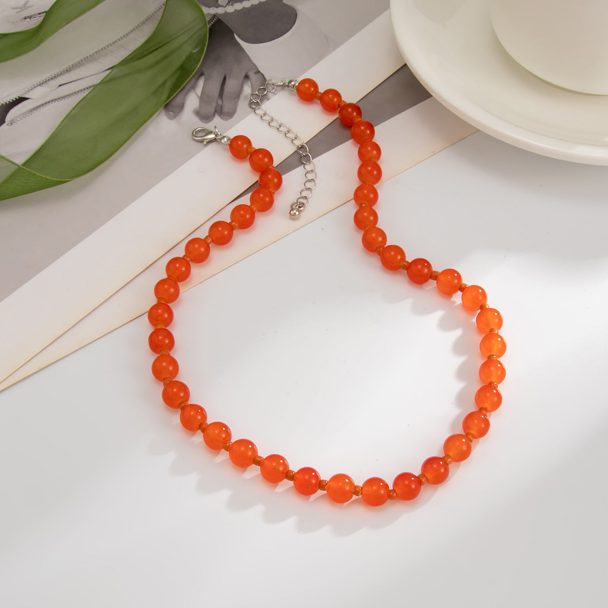 Red Jade and Silvertone Beaded Chain Collar Necklace, botanical inspired, side view