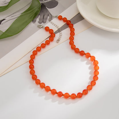 Red Jade and Silvertone Beaded Chain Collar Necklace, botanical inspired, side view