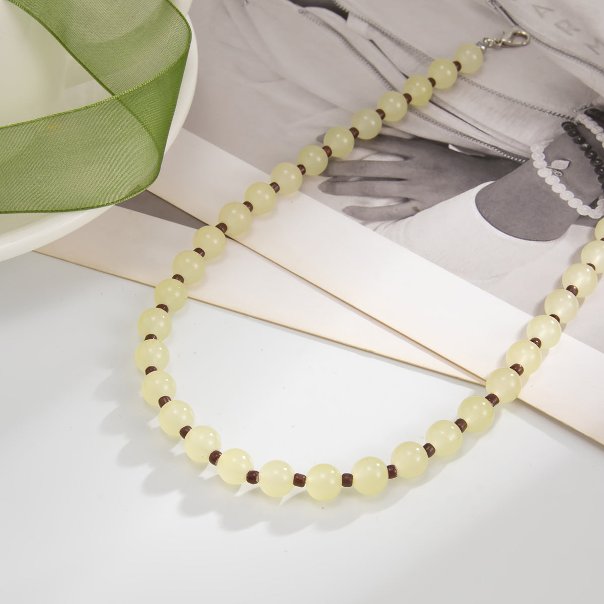 Light Yellow Jade and Silvertone Beaded Chain Collar Necklace, elegant gift for her, detail close-up
