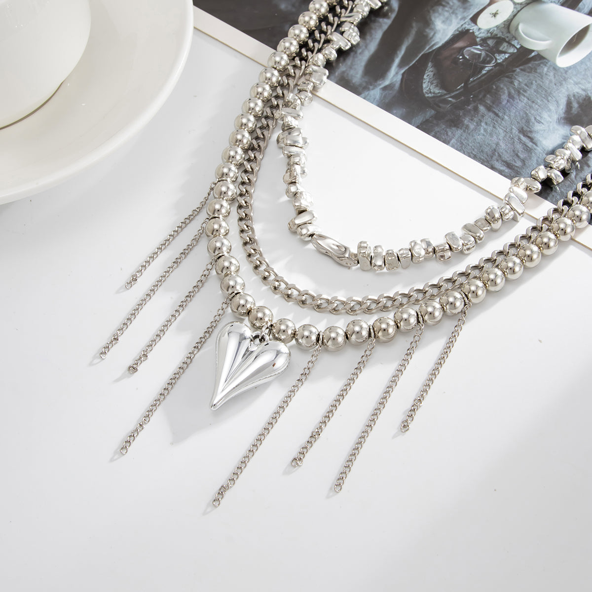 Silvertone Beaded Chain Heart Pendant Tassel Layered Necklace, everyday style, detail close-up
