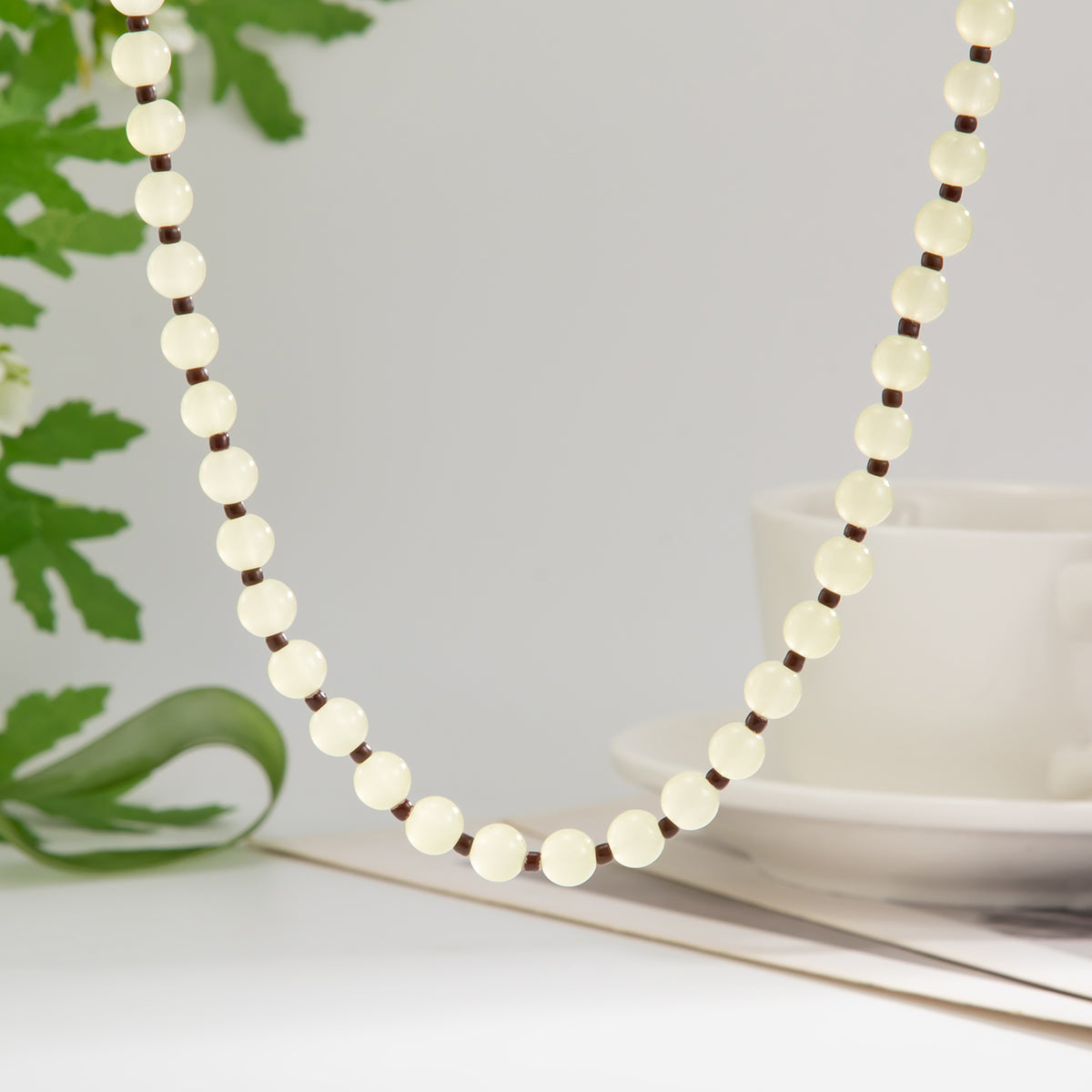 Light Yellow Jade and Silvertone Beaded Chain Collar Necklace, elegant gift for her, lifestyle look