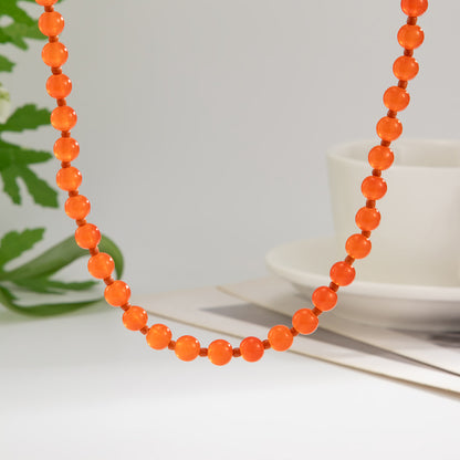 Red Jade and Silvertone Beaded Chain Collar Necklace, botanical inspired, detail close-up