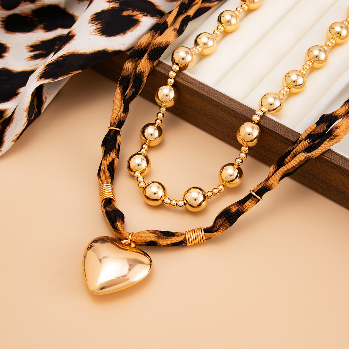 Polyster and Goldtone Ball Chain Heart Pendant Necklace Set, gold pendant necklace for women, side view