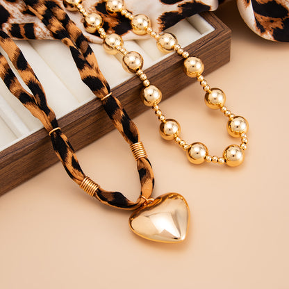 Polyster and Goldtone Ball Chain Heart Pendant Necklace Set, gold pendant necklace for women, detail close-up