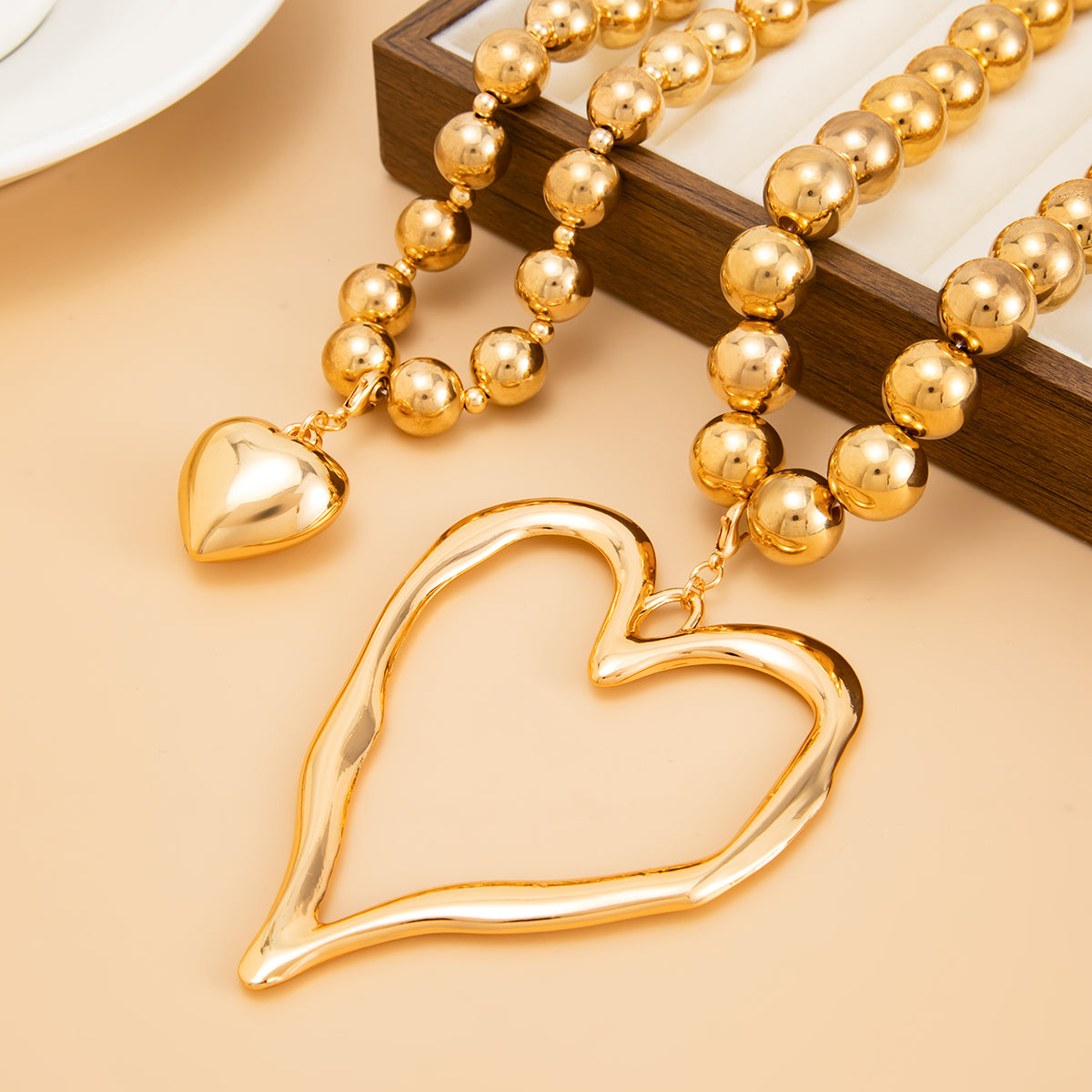 Goldtone Beads Chain Heart Pendant Statement Necklace Set, gold pendant necklace for women, everyday style, side view