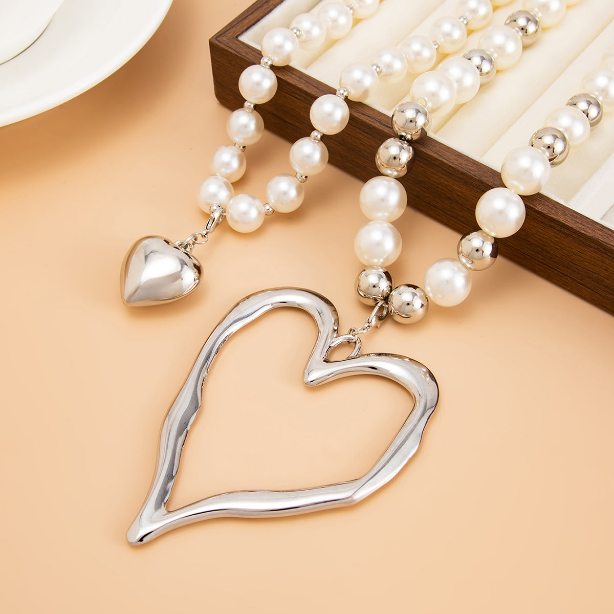 Pearl and Silvertone Ball Chain Heart Pendant Statement Necklace Set, silver pendant necklace for women, side view
