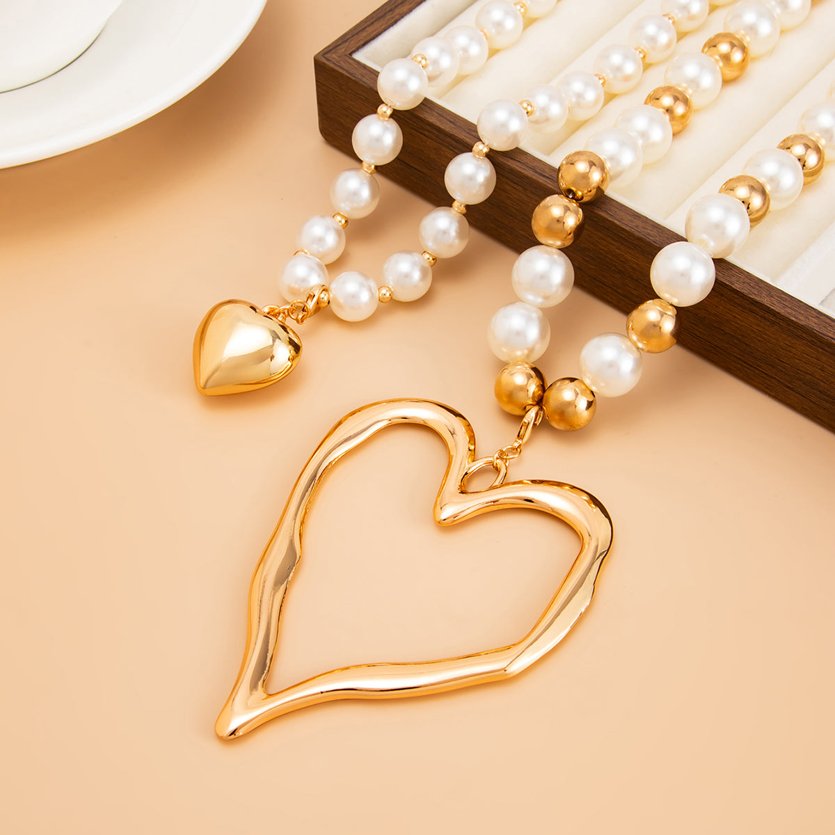 Pearl and Goldtone Ball Chain Heart Pendant Statement Necklace Set, gold pendant necklace for women, side view
