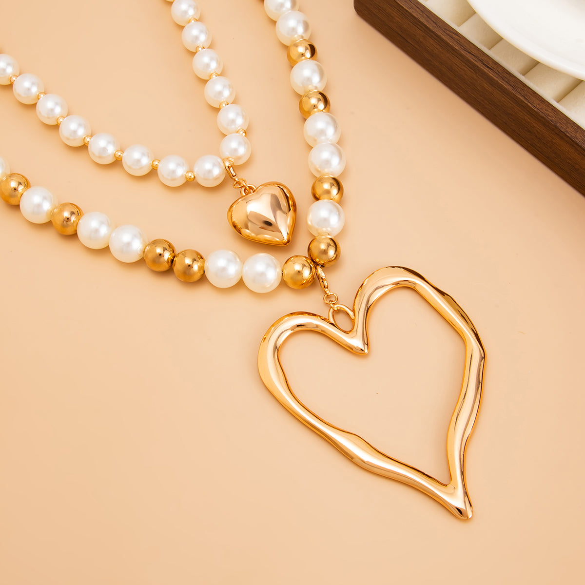 Pearl and Goldtone Ball Chain Heart Pendant Statement Necklace Set, gold pendant necklace for women, detail close-up