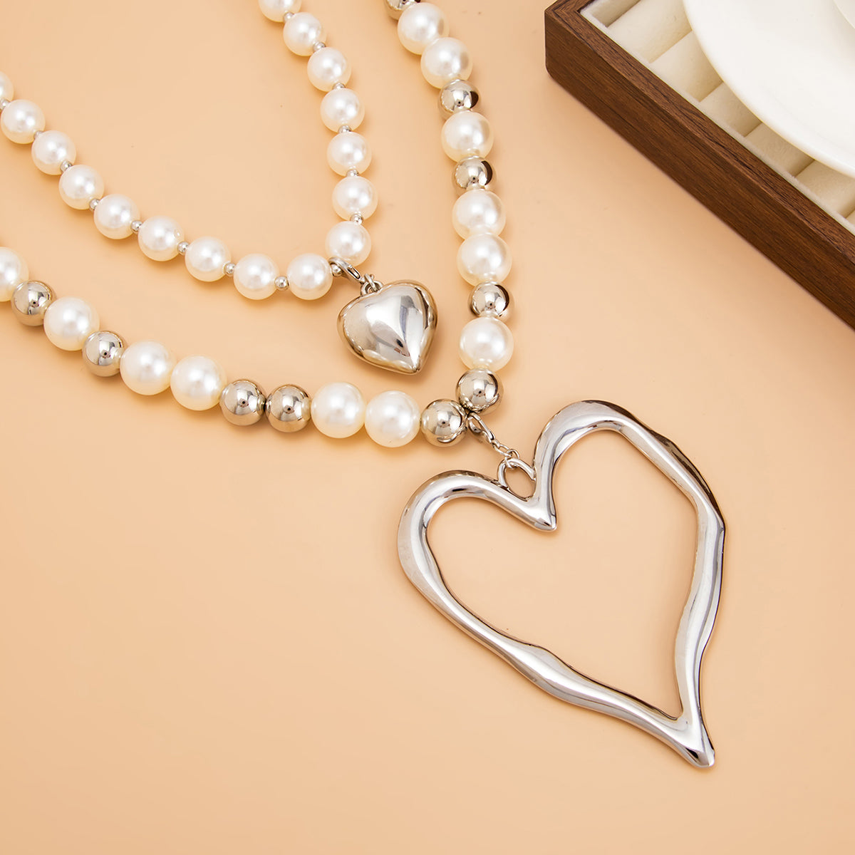 Pearl and Silvertone Ball Chain Heart Pendant Statement Necklace Set, silver pendant necklace for women, detail close-up