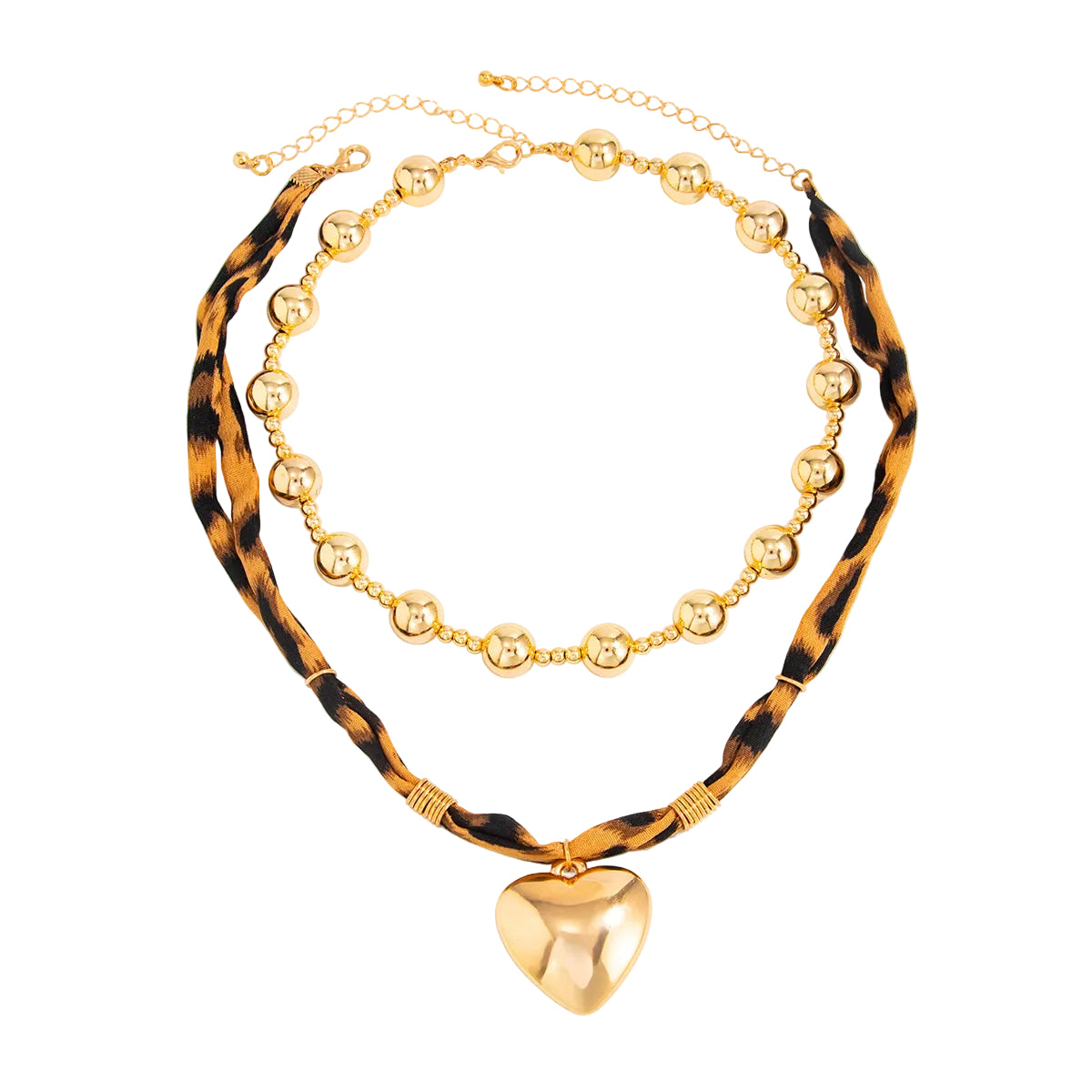 Polyster and Goldtone Ball Chain Heart Pendant Necklace Set, gold pendant necklace for women, front view
