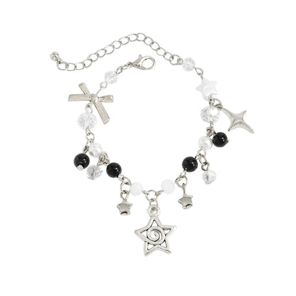 Black Resin and Acrylic Pearl Silvertone Star Bow Charm Bracelet, silver bracelet for women, everyday style, front view