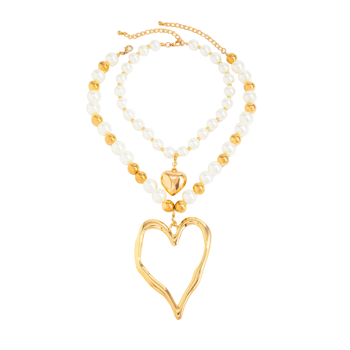 Pearl and Goldtone Ball Chain Heart Pendant Statement Necklace Set, gold pendant necklace for women, front view