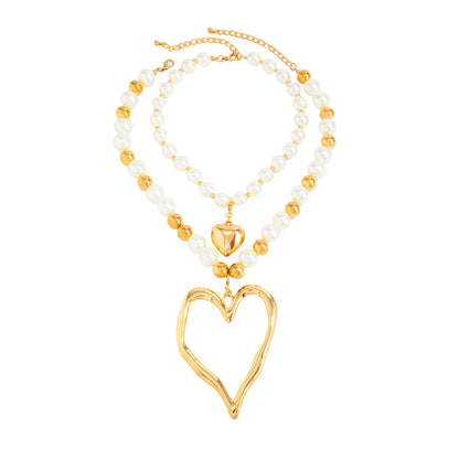Pearl and Goldtone Ball Chain Heart Pendant Statement Necklace Set, gold pendant necklace for women, front view