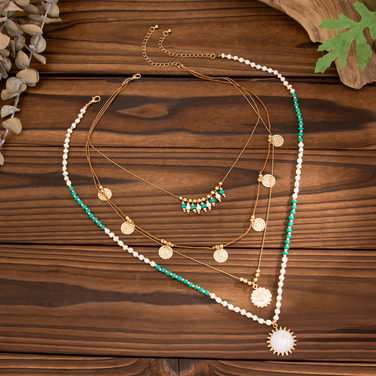 White Quartz and Howlite Polyster Goldtone Eye Sun Pendant Necklace Set, gold pendant necklace for women, side view