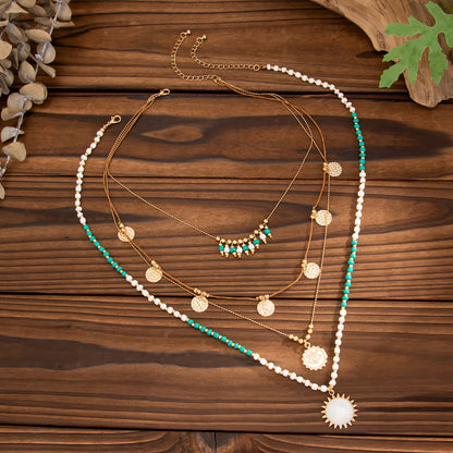 White Quartz and Howlite Polyster Goldtone Eye Sun Pendant Necklace Set, gold pendant necklace for women, side view