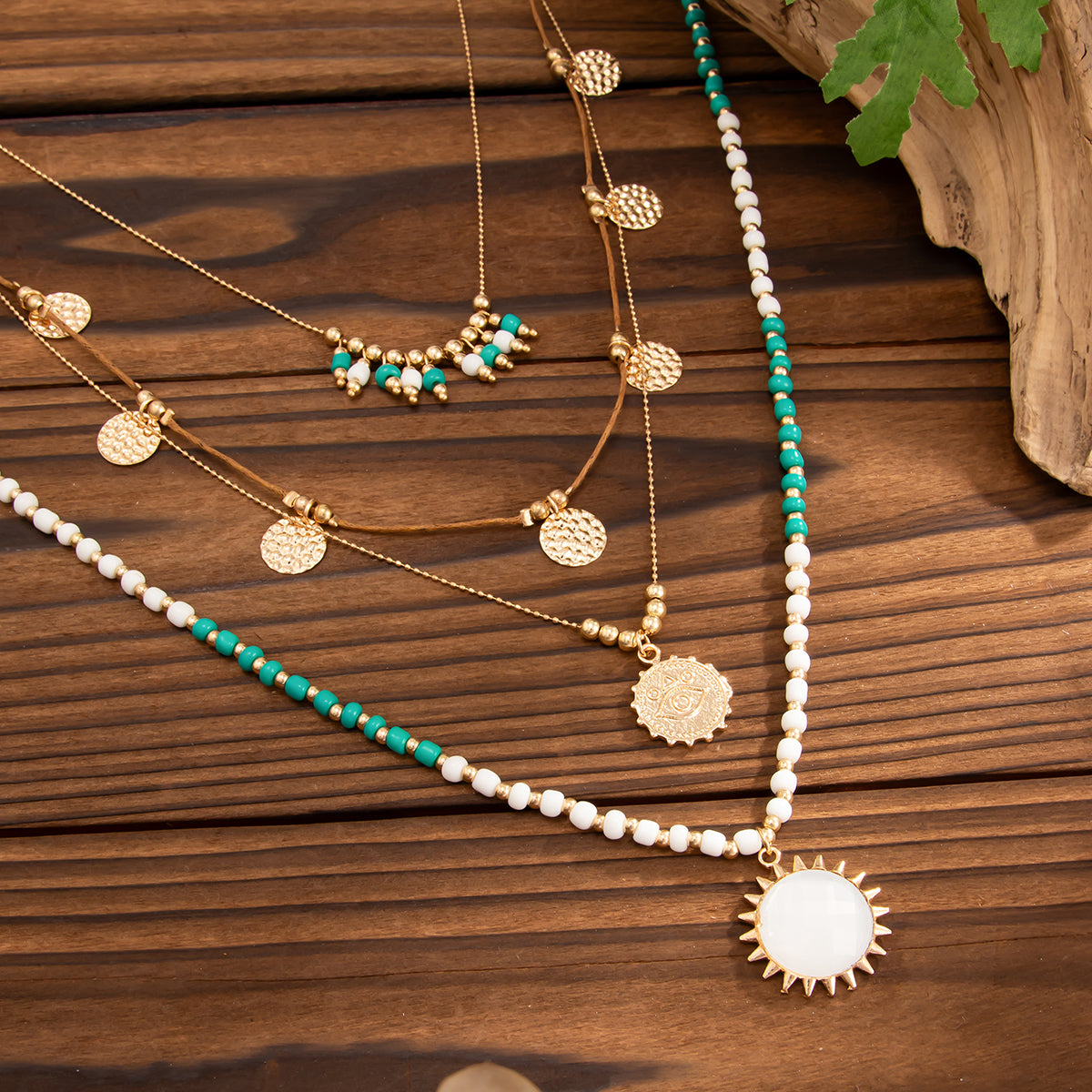 White Quartz and Howlite Polyster Goldtone Eye Sun Pendant Necklace Set, gold pendant necklace for women, detail close-up