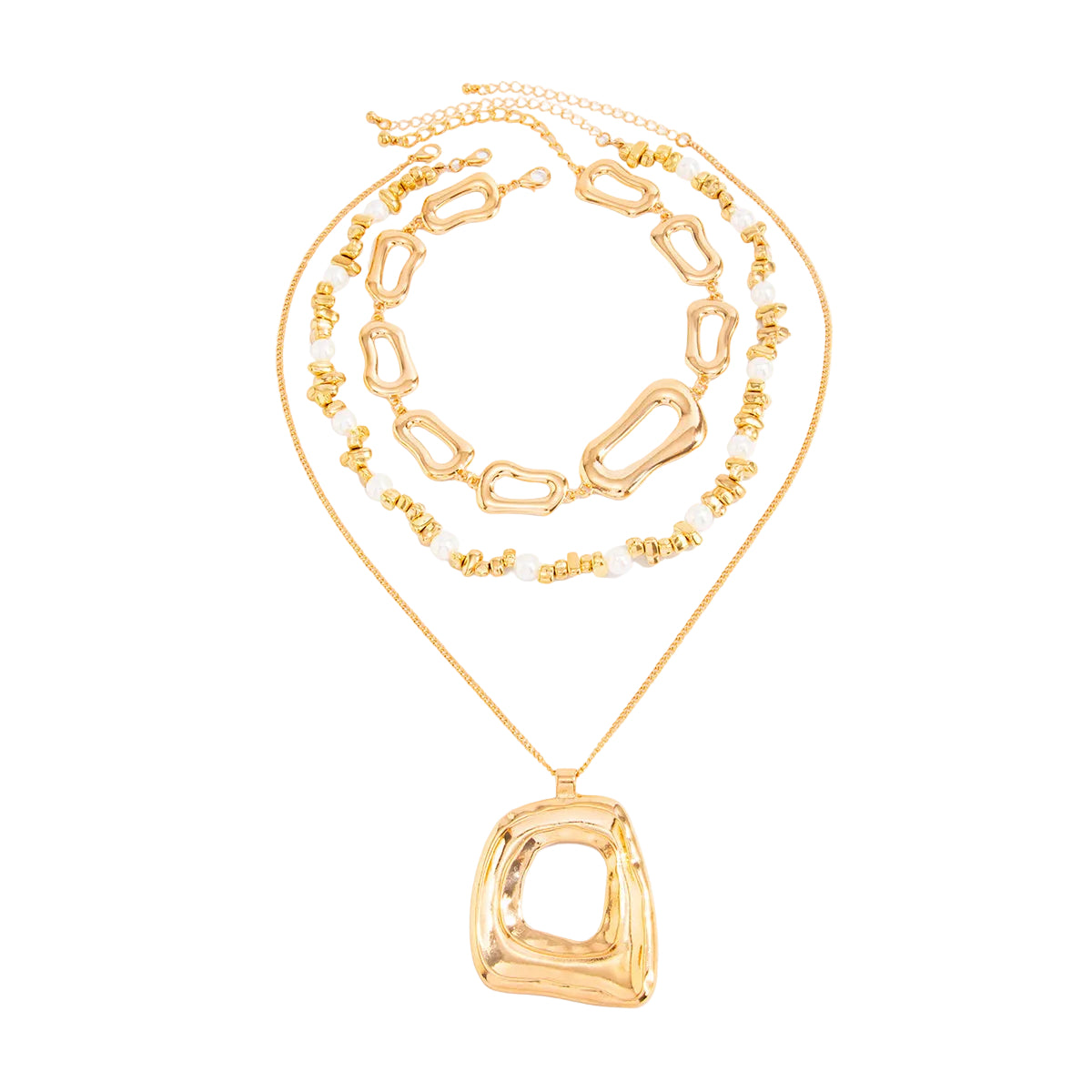 Pearl and Goldtone Irregular Geometric Pendant Necklace Set, gold pendant necklace for women, botanical inspired, front view