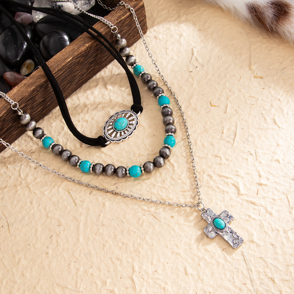 Black Polyster and Turqouise Resin Silvertone Beads Chain Cross Pendant Necklace Set, silver pendant necklace..., side view