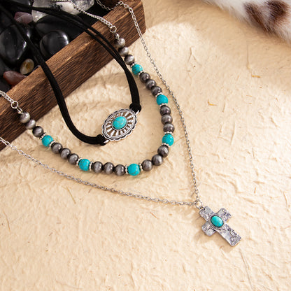 Black Polyster and Turqouise Resin Silvertone Beads Chain Cross Pendant Necklace Set, silver pendant necklace..., side view