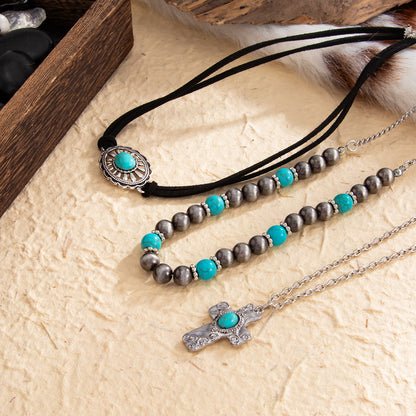 Black Polyster and Turqouise Resin Silvertone Beads Chain Cross Pendant Necklace Set, silver pendant..., detail close-up