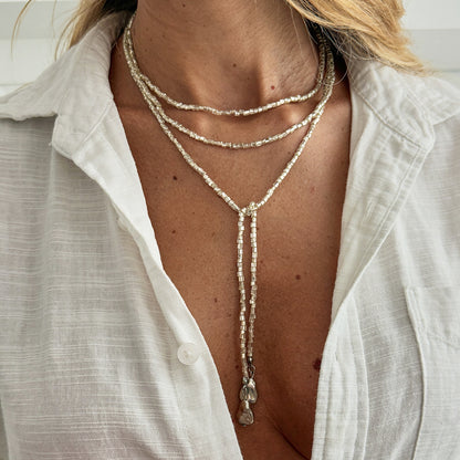 Silver Acrylic and Silvertone Bead Chain Drop Necklace, vintage-inspired design, styled look