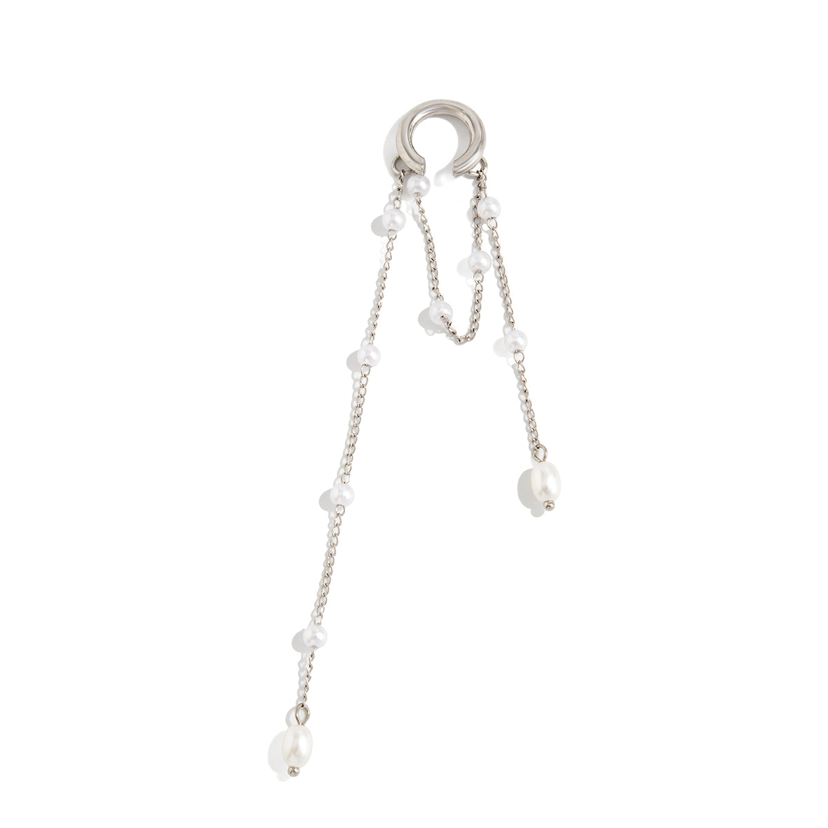 Pearl & Silvertone Beaded Chain Tassel Ear Cuff
