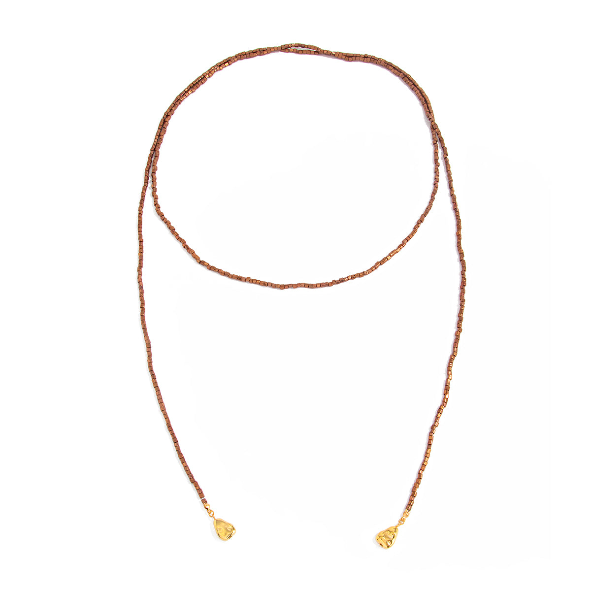 Brown Acrylic and Goldtone Bead Chain Drop Necklace, dainty minimalist design, front view