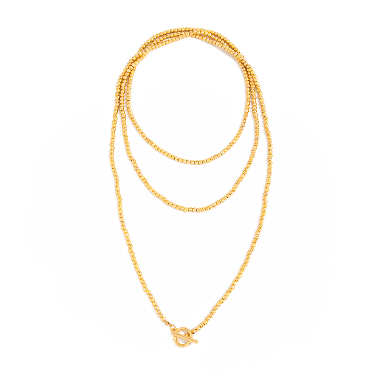 Goldtone Bead Chain Toggle Necklace, dainty minimalist design, front view