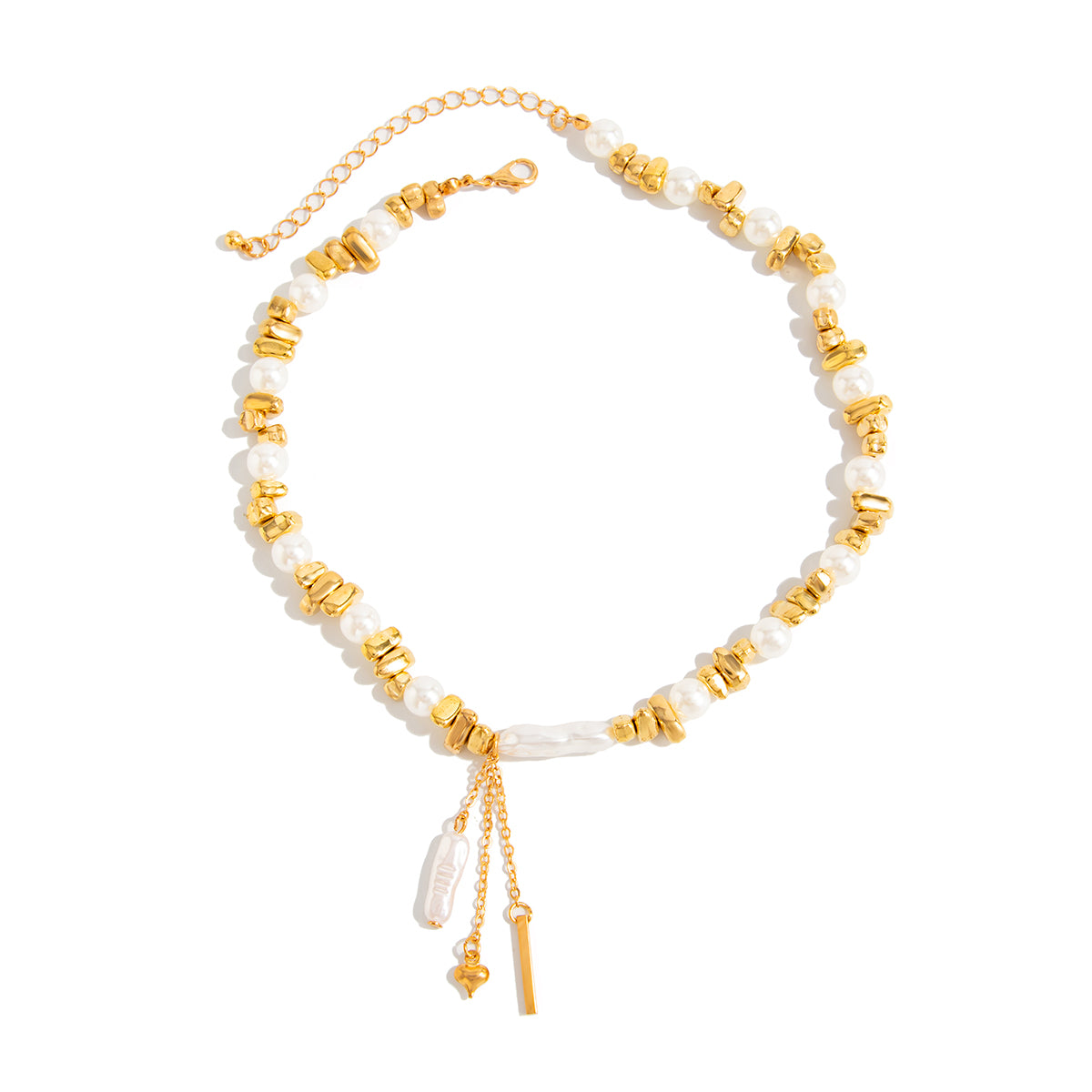 Baroque Pearl and Goldtone Bead Chain Heart Tassel Necklace, vintage-inspired design, front view