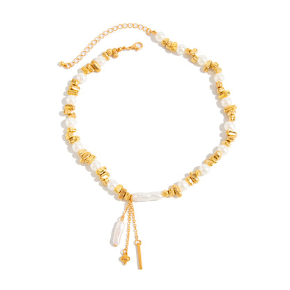 Baroque Pearl and Goldtone Bead Chain Heart Tassel Necklace, vintage-inspired design, front view