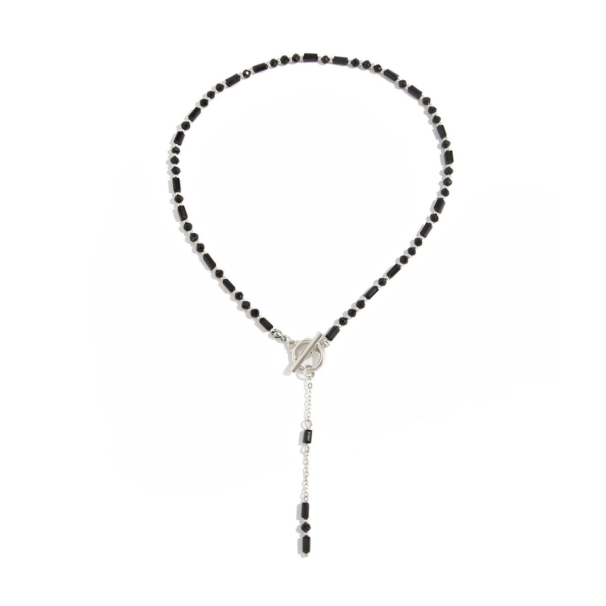 Black Acrylic and Silvertone Drop Toggle Necklace, dainty minimalist design, front view